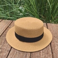 Cappello boater in paglia marrone chiaro con nastro minimalista in gros-grain nero - Caffè Tesa Larga Nastro Nero