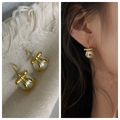 Elegant gold bow-shaped earrings with large white pearls and stainless steel hooks - 26# Ribbon Wrapped Pearl