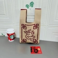 Beige and dark red knitted tote bag with traditional Chinese dragon pattern design - Khaki Geometric Pattern