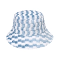 Plush blue and white checkered bucket hat for winter featuring soft faux fur texture - Blue