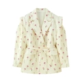 Detail of floral print blazer featuring lapel collar and waist tie on beige fabric - S / Rainbow