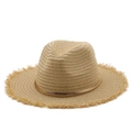 Straw Panama hat in beige with metallic band and frayed edges for summer holidays - M (56-58cm) / 03 Style (Beige Coffee Fringe)