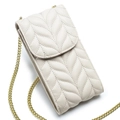 Beige quilted leather crossbody phone bag with leaf pattern and gold chain strap - White