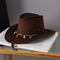 Dark brown faux leather cowboy hat with turquoise beads and shell decoration - Coffee