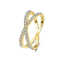 S925 Sterling Silber Kreuzring in Goldoptik mit weißen Zirkonia Einlagen besetzt - Goldener Überkreuzter Stil (SR240-14K)