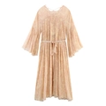 Damen Langarm Plisseekleid mit Blumendruck und Bindegürtel auf weißem Hintergrund - XS / Aprikose Druck