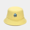 Close-up of cute blue octopus embroidery on a light yellow cotton bucket hat - M(56-58cm) / Yellow