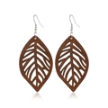 Detailed view of dark brown wood hollow leaf earrings with silver metal hooks on white background - Style 3
