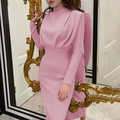 Pink long-sleeve turtleneck dress with waist pleats and slim fit silhouette - 3XL / Pink