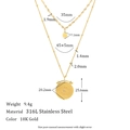 Collier double rang en acier inoxydable plaqué or 18K avec pendentifs soleil et médaille - Collier Pendentif Boussole Double Rangée