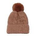 Close-up of brown chunky cable knit beanie featuring a large faux fur pom-pom detail - M(56-58cm) / Brown