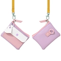 Cute macaron purple and pink mini coin purse with white heart charm and long yellow lanyard - Purple