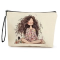 Portable canvas cosmetic bag featuring artistic girl illustration and black handle - Cross-legged Curly Hair Girl (Style 2)