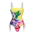 Detail of vibrant floral print on bright yellow one-piece swimsuit with drawstring ties - S / Yellow Floral Drawstring One Piece Swimsuit