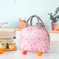 Pink insulated lunch bag with unicorn prints, dual handles, and front pocket for kids - Rainbow Horse M22
