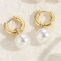 Elegant 14K gold plated bohemian hoop earrings with round white pearl pendants - Hanging Pearl Style