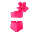 Tweeledig meisjes zwempak in rozerood met één-schouder bloem en hoge taille broek - 152 / Magenta
