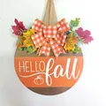 Wooden round HELLO fall door hanger with pumpkin design and orange plaid bow decoration - Plaid Bow Maple Pumpkin Sign