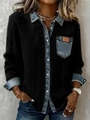 Chaqueta vaquera de punto patchwork para mujer con manga larga y cuello vuelto - S / Negro