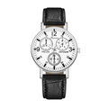 Men's quartz chronograph watch with silver case, white dial, and black leather strap - White Dial Black Strap Chronograph Style