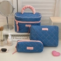 Three-piece denim blue quilted makeup bag set with pink zippers and Melody embroidery - Small / Denim Pink (Vanity Bag, Toiletry Bag And Pencil Pouch)