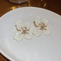 Nahaufnahme von weißen Blumen-Ohrsteckern mit Zirkonia-Mitte in einer Porzellanschale - Stil mit Silber-Ohrstecker / Weiß