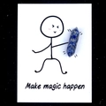 Blue and white sodalite crystal pillar on a creative card labeled Make magic happen - Sodalite