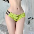 Dettaglio di pantaloncini di jeans giallo neon con elastico in vita con lettere in camera - Taglia S / Verde Neon