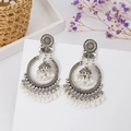 Vintage silver Jhumka earrings with ornate metal carving and white pearl tassels - Bell Artificial Pearl Tassel Silver Style (E3405-2)