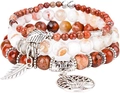 Bohemian 4-piece bead bracelet set with turquoise stones and silver tree of life charm - Red Jasper