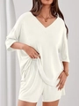 Damen weißes Freizeit-Set zweiteilig mit V-Ausschnitt Oberteil und Shorts mit Kordelzug - S / Oberteil und Unterteil / Weiß