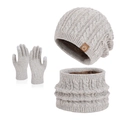 3-piece winter set with light grey cable knit hat, scarf, and touchscreen gloves - 3-Piece Set (Hat+Scarf+Gloves) / Mixed Beige