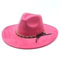 Detail of fuchsia suede fedora featuring golden chain and black cord decorative band - Rose Red