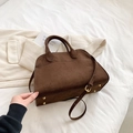 Deep brown faux suede tote bag with round handles and adjustable shoulder strap - Small (Suede) / Brown