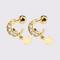 Golden moon and star cartilage earrings with zircon stones and screw ball backs - Gold Moon Dangle Star