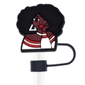 Cartoon Afro girl straw topper cap made of PVC material for 10mm drinking straws - Red and White Stripe Afro Girl