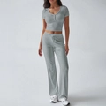 Y2K grey knit two-piece set featuring short sleeve crop top and wide leg pants - S / Mixed Grey