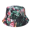 Detail of dark grey bucket hat with tropical flamingo print and palm leaf pattern - Style I Blue (Dark Grey Flamingo)
