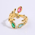 Golden leaf ring with colorful pink, green and blue marquise stones in stainless steel - Floral Colorful Stones Style (JZ26-6)