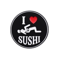 Round black enamel pin featuring creative English text and a decorative red heart icon - I Love Sushi Style (QHXZ2499)