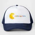 Adjustable navy and white mesh trucker hat featuring a creative Pac-Man space planet print - One Size / Navy Blue