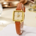 Montre carrée dorée pour femme avec cadran fleuri et bracelet en cuir marron chic - Bracelet Marron Boîtier Doré Cadran Doré