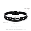 Men's double-layered black woven leather bracelet with stainless steel plate detail - All Black Plate (W-18-2)