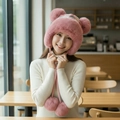 Pink faux fur trapper hat for women with cute antlers and warm plush earflaps - Pocket Multi-Pom Style / Pink