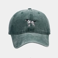 Close-up of realistic dog embroidery and washed dark green cotton fabric on baseball cap - Green / Adjustable