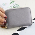 Grey litchi grain leather card holder wallet with gold zipper for cards and coins - Gray
