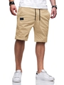Detail of khaki men's woven cotton shorts showing drawstring waist and side patch - Khaki