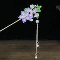 Klassische chinesische Haarnadel mit lila Harzblumen und langer goldener Quaste - Lila Grüne Blume Gold Kunstperle Quaste Stil (0174)