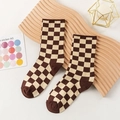 Retro tan and beige checkerboard mid-calf socks with premium knitted cotton texture - One Size / Coffee