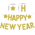 Golden glitter Happy New Year banner with star accents and detailed size specifications - Happy New Year Glitter Gold